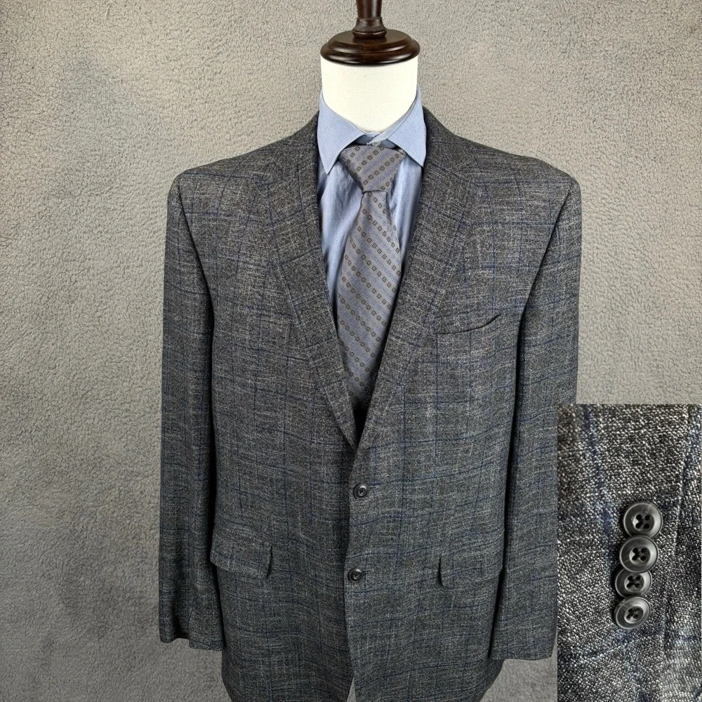 Jack Victor Blazer Mens 44L Gray Blue‎ Windowpane Wool Sport Coat Jacket